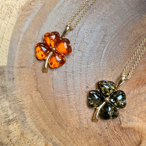 Amber Four Leaf Clover Gold Plated Pendant